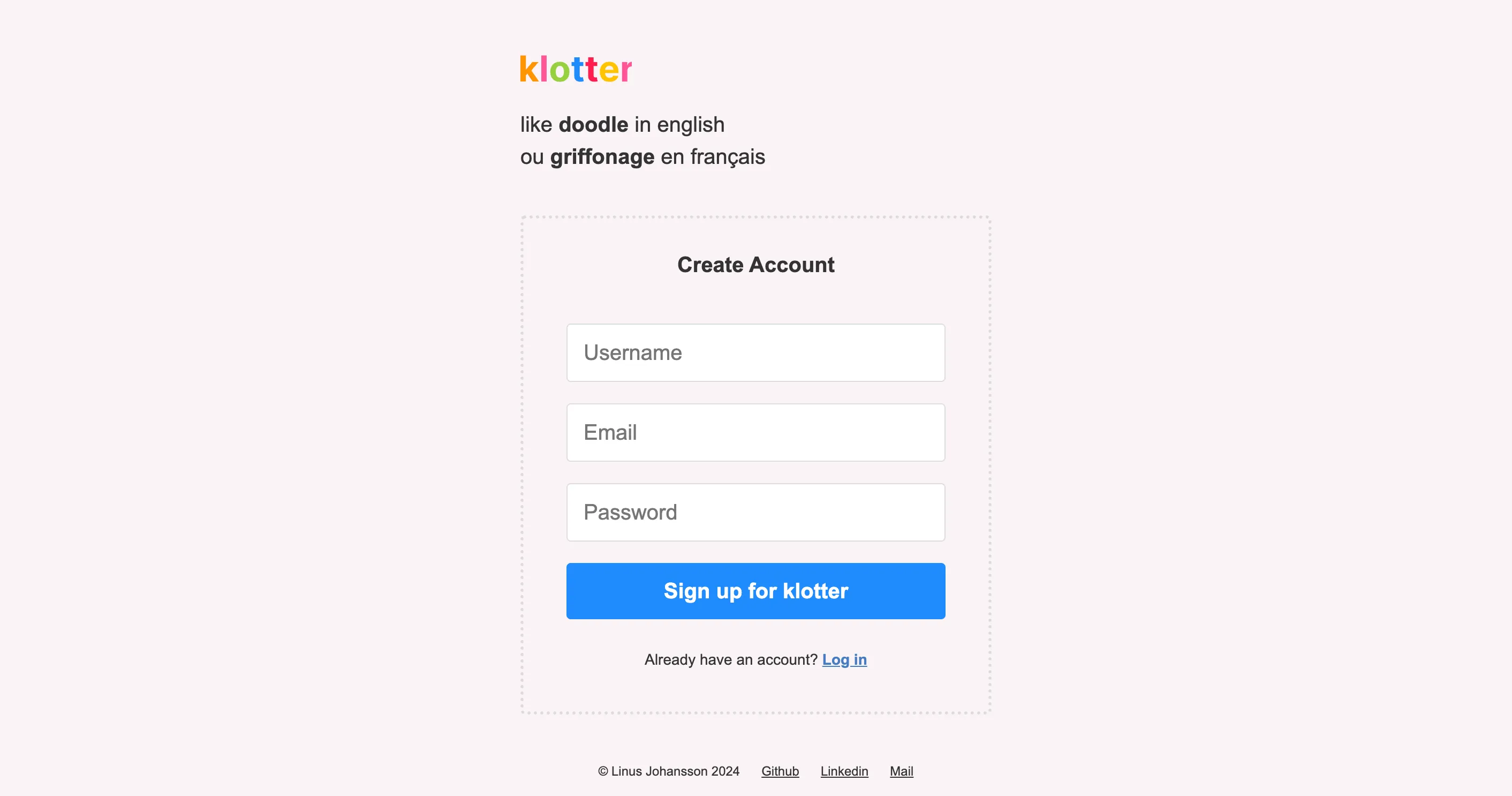 First page / login page of Klotter